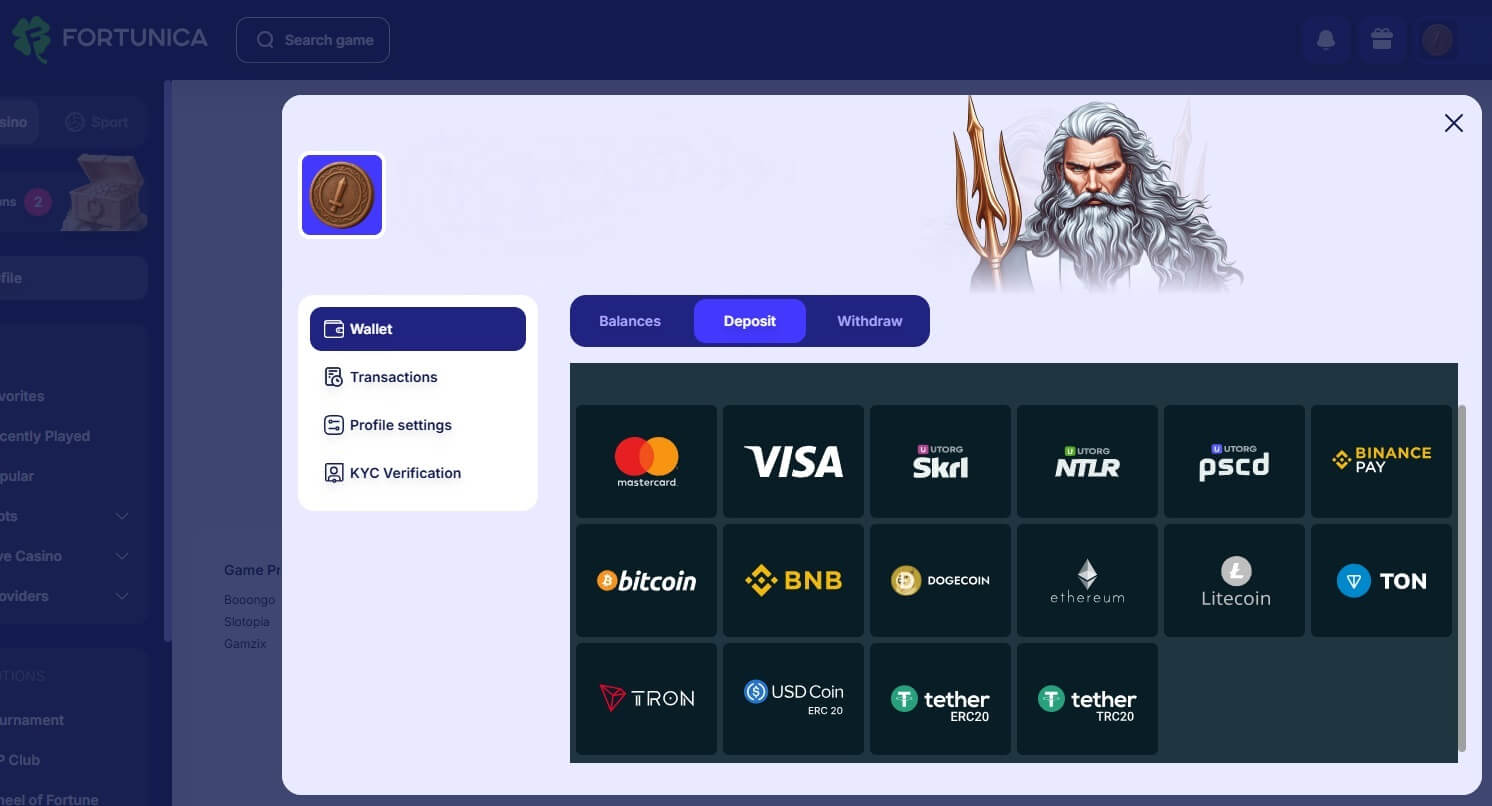 Fortunica Casino deposit methods including 11 cryptocurrencies