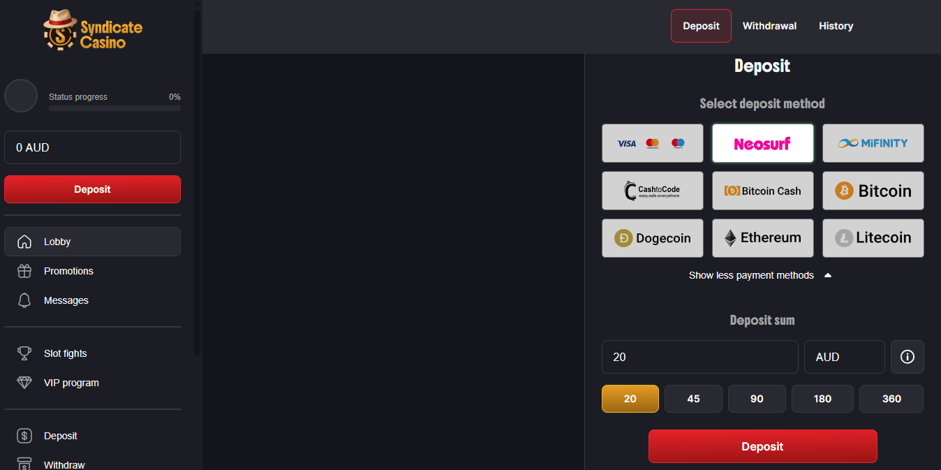 Syndicate Casino interface and deposit options starting from 20 AUD